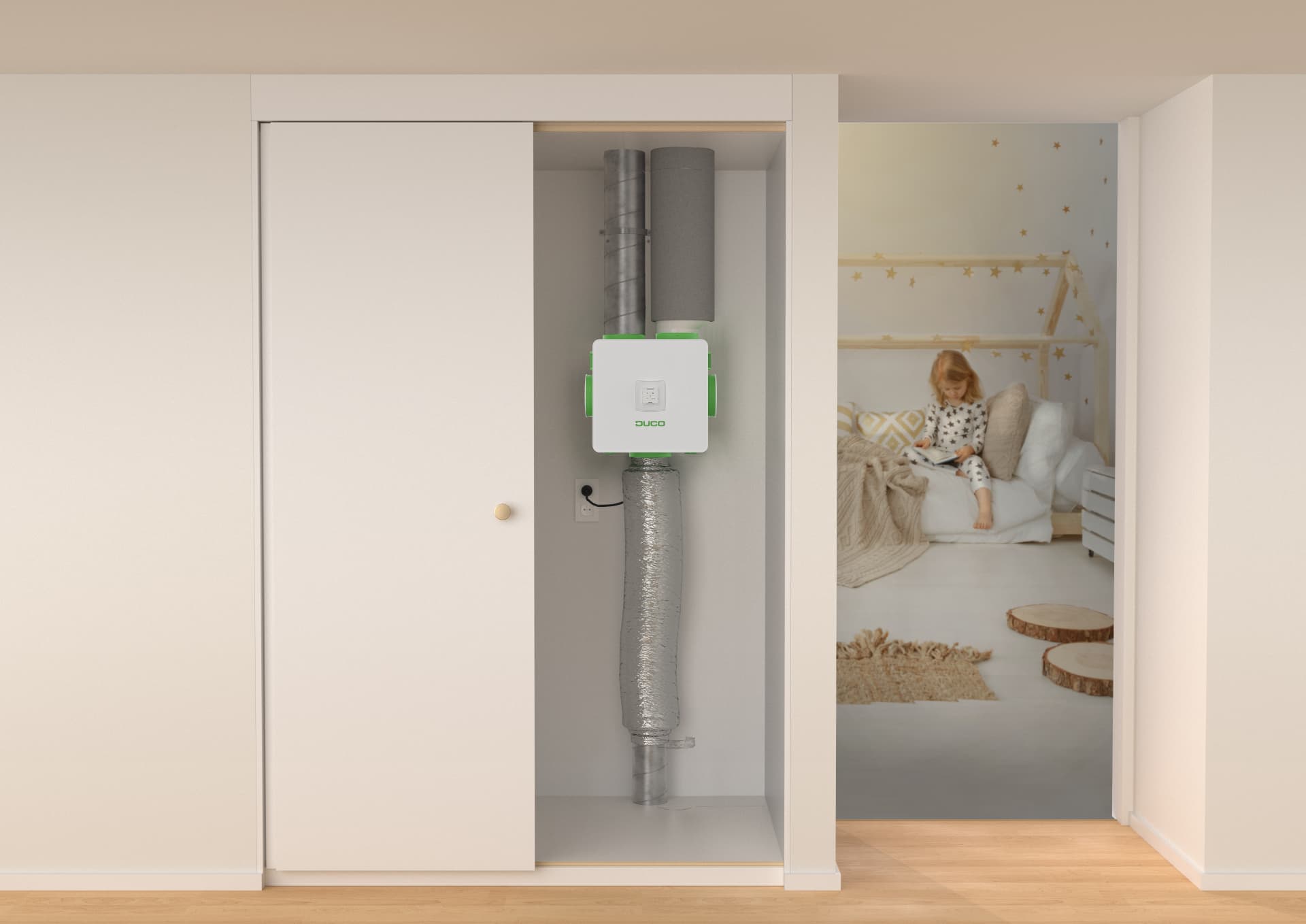 Ventilationssystem från DUCO installerat i ett inbyggt skåp i ett hem