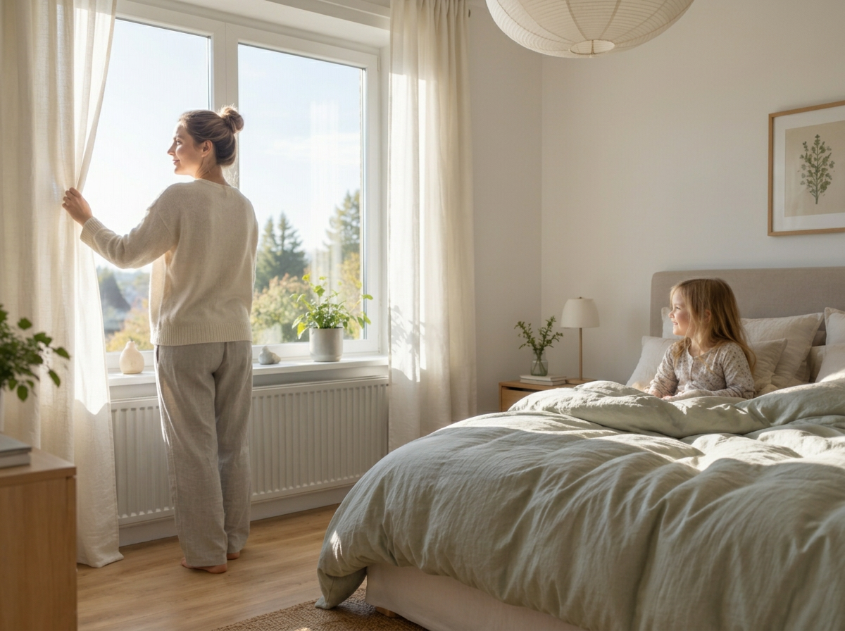 Morgon i ett ljust sovrum med klara fönster och dagsljus