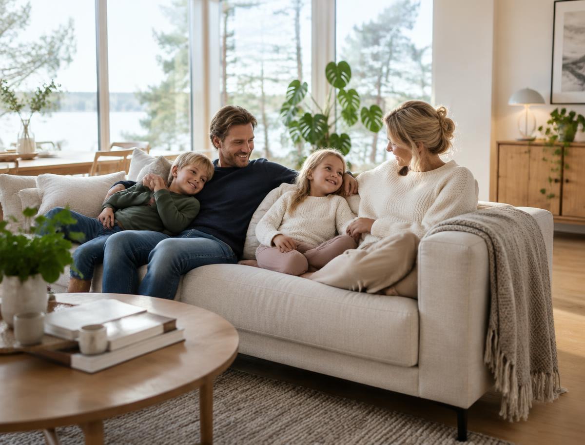 Familj som umgås på soffan i ett ljust vardagsrum med stora fönster