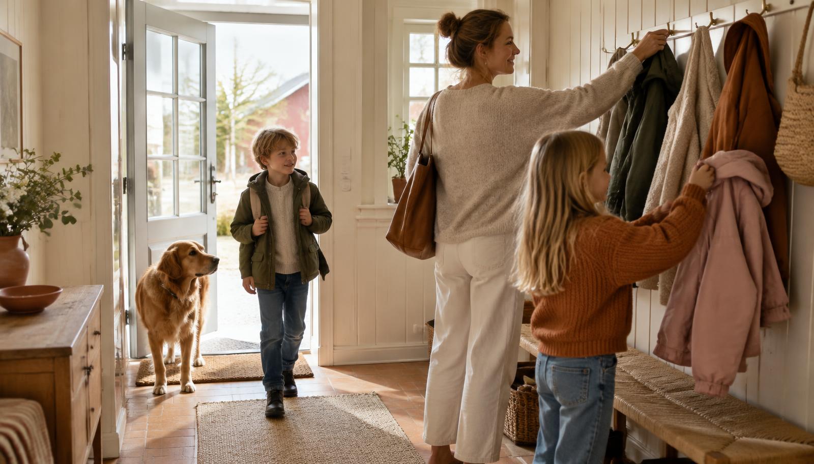 Familj som kommer hem genom den öppna dörren till en ljus hall i en svensk villa